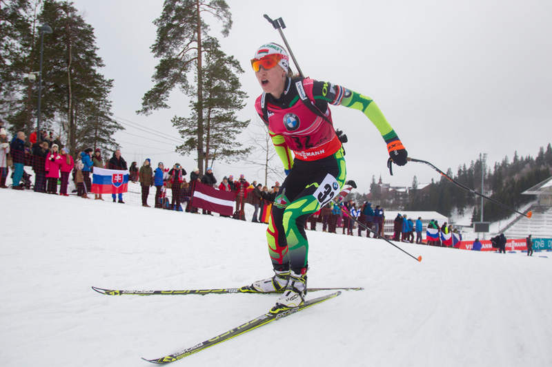 Darya Domracheva of Belarus en route to a victory in the sprint in Oslo, Norway, one of her nine wins last season. The 2014-2015 World Cup Total Score winner will not compete in 2016. (Photo: Fischer/Nordicfocus.com)