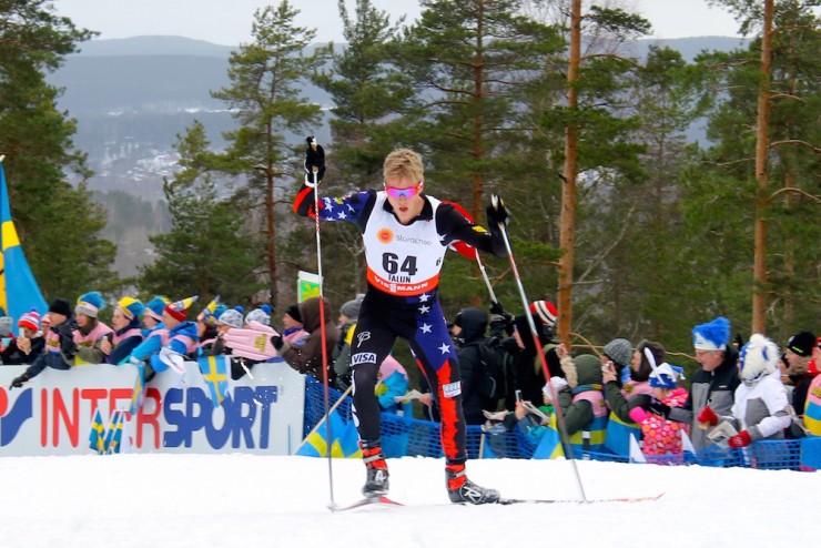 Erik Bjornsen (U.S. Ski Team) at the top of Mördarbacken on his first of two laps, en route to 47th in the 15 k freestyle at 2015 World Championships in Falun, Sweden.