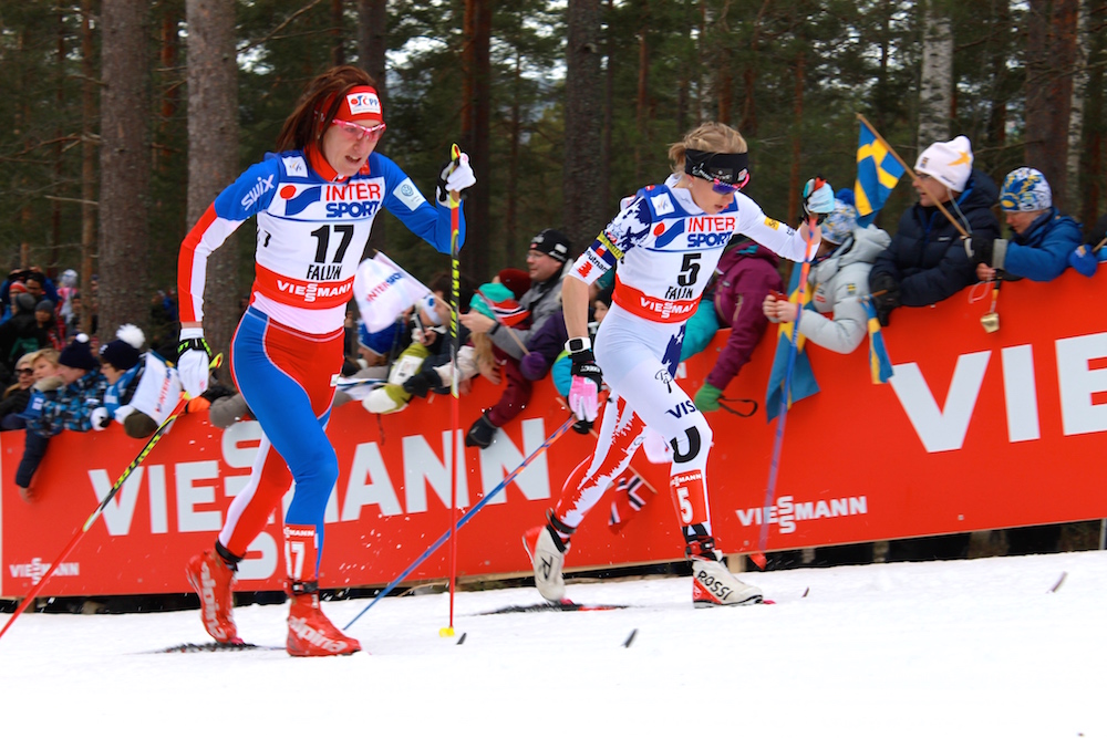Liz Stephen of the United States skiing with the Czech Republic's Eva Vrabcova-Nyvltova, who had her own standout result in finishing ninth.