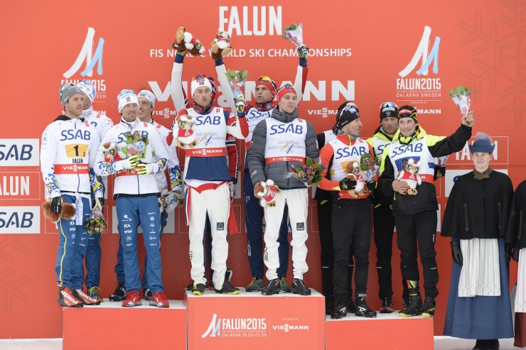 The French men's relay team (right) skied the entire World Championships 4 x 10 k with the Norwegians (center) and Swedes, proving something to themselves and the ski world: they belong as championships medalists. (Photo: Falun2015.com/Flickr)