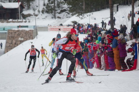 Christian Gow (foreground) gunning his way through the first leg of the World Cup men's relay in Oslo, Norway. (Photo: Biathlon Canada/NordicFocus.com)