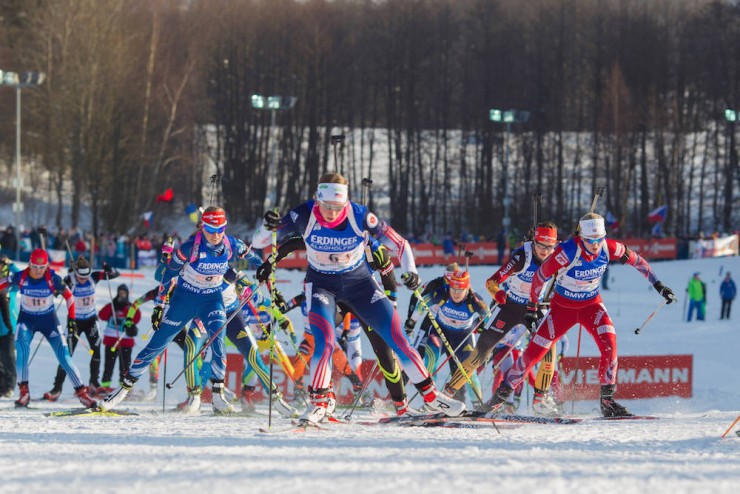 Annelies Cook (6) heads out of the mass start in Friday's single mixed relay at the IBU World Cup in Nove Mesto, Czech Republic. Cook and teammate Tim Burke went on to place ninth for the U.S. in the first of two mixed relays on Friday. (Photo: USBA/NordicFocus) 