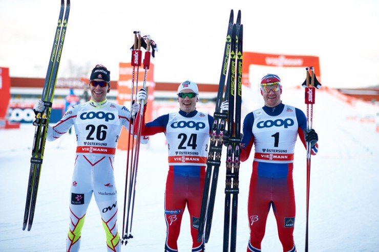Finn Hågen Krogh (c) of Norway after winning his the World Cup classic sprint on Saturday in Ostersund, Sweden, ahead of Canada's Alex Harvey (l) in second and fellow Norwegian Timo Andre Bakken (r) in third. Krogh went on to win Sunday's 15 k skate as well. (Photo: Fischer/NordicFocus)