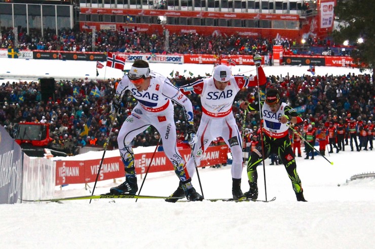 Sweden's Calle Halfvarsson leads Norway's Petter Northug (c) and France's Adrien Backscheider on the second-to-last major hill on the last lap of the men's 4 x 10 k relay at 2015 World Championships in Falun, Sweden. Northug went on to edge Halfvarsson by 0.6 seconds for gold, Sweden took silver and France was 8.9 seconds back for bronze. 