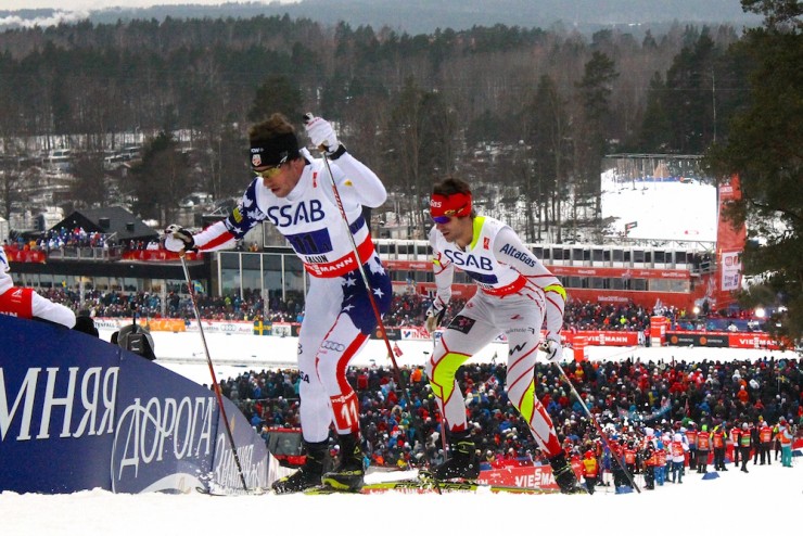 American Simi Hamilton leading Lenny Valjas of Canada over the top of a hill in the men's 4 x 10 k relay at 2015 World Championships in Falun, Sweden.