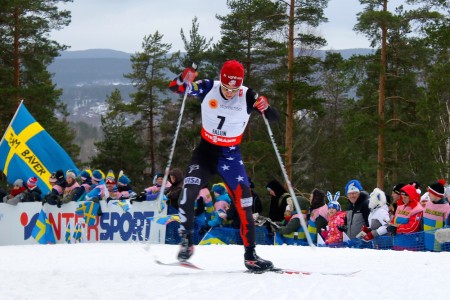 Noah Hoffman (U.S. Ski Team) racing to 34th in the men's 15 k freestyle at 2015 World Championships in Falun, Sweden. 