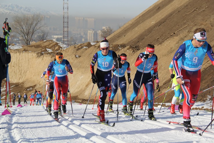 Katharine Ogden (10) on her way to a sixth-place finish in the women's 10 k skiathlon at the Junior World Championships in Almaty, Kazakhstan (Photo: Bryan Fish/USSA) 