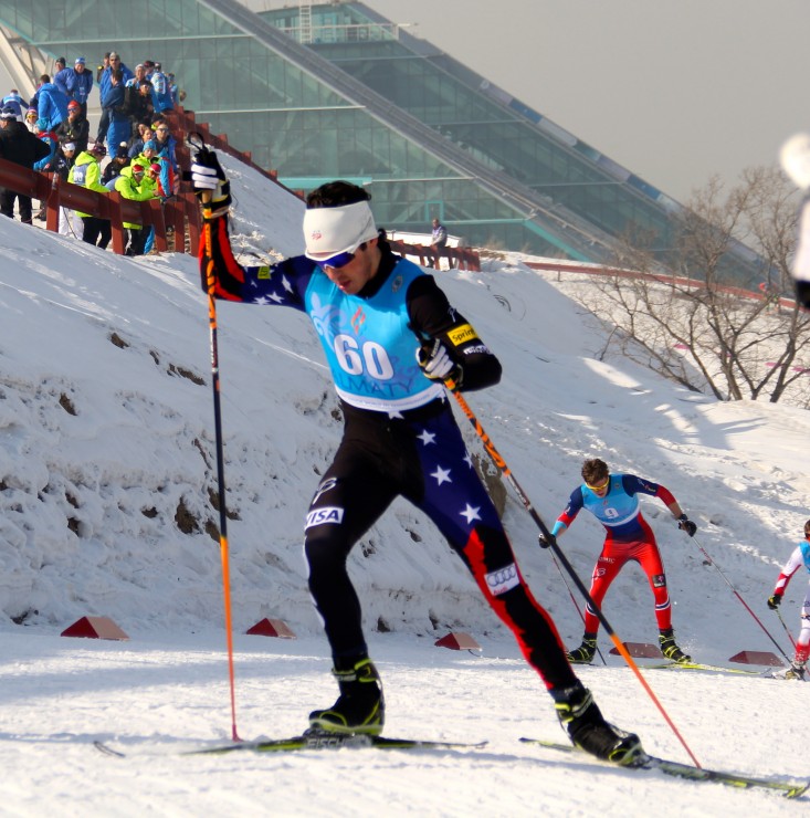 Ian Torchia on his way to an 11th-place finish in the 10/10 k skiathlon at the 2015 Junior World Championships in Almaty, Kazakhstan  (Photo: Bryan Fish)