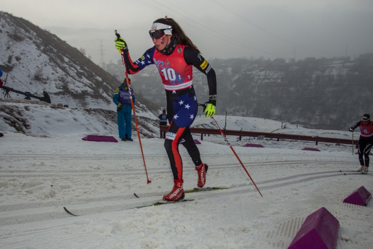 Julia Kern races the first leg of the 4 x 3.3 k relay at the Junior World Championships in Almaty, Zazakhstan. The American team would go on to place eighth. (Photo: Logan Hanneman)  