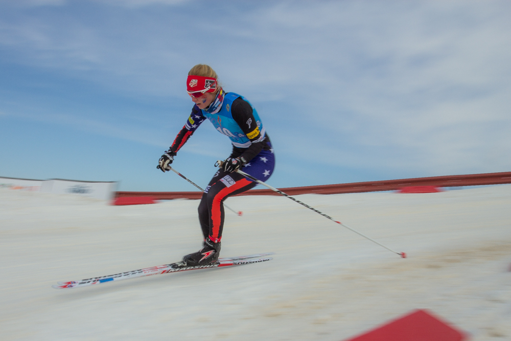 Hailey Swirbul of the Aspen Valley Ski Club races the anchor leg while guiding the American team to eighth place in the 4 x 3.3 k relay at the Junior World Championships in Almaty, Kazakhstan, in 2015. (Photo: Logan Hannneman) 
