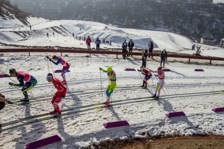 Thomas O'Harra (back left) staying with the leaders during the first leg of the men's relay at the Junior World Championships in Almaty, Kazakhstan (Photo: Logan Heinemann) 