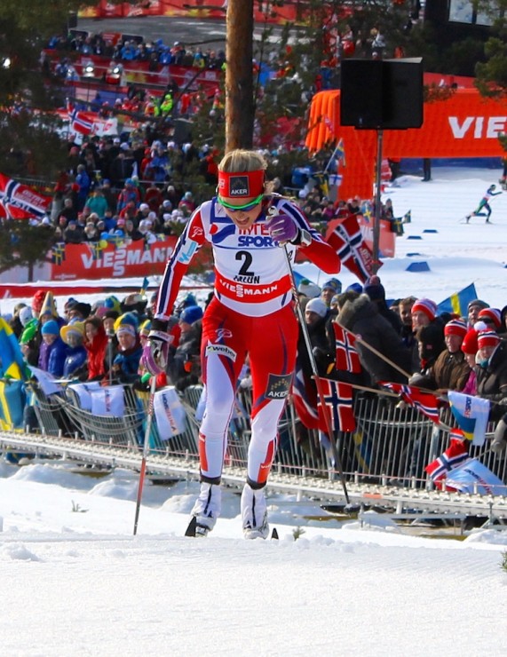 Norway's Therese Johaug, still attacking on one of the final climbs of the 30 k classic course at 2015 World Championships in Falun, Sweden. She went on to win by 52.3 seconds for her first 30 k classic title.