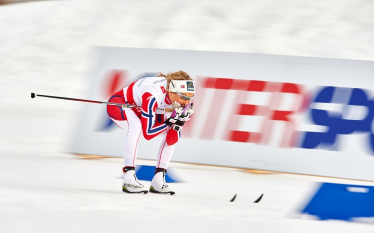 Norwegian Therese Johaug tucks into the stadium in the second leg of Thursday's 4 x 5 k relay at the 2015 FIS Nordic World Ski Championships in Falun, Sweden. (Photo: Fischer/Nordicfocus)  