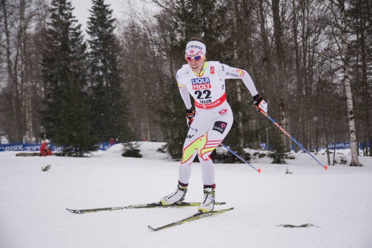 Canada's Perianne Jones (Alberta World Cup Academy/National Development B-Team) racing to 32nd for her best World Championships distance result at 2015 worlds in Falun, Sweden. (Photo: Fischer/NordicFocus)