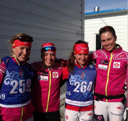 From l-r, Canadians Annah Hanthorn, Katherine Stewart-Jones, Anne-Marie Comeau, and Maya McIssac-Jones, after the 10 k skiathlon at World Juniors in Almaty, Kazakhstan (Photo: Cross Country Canada)  