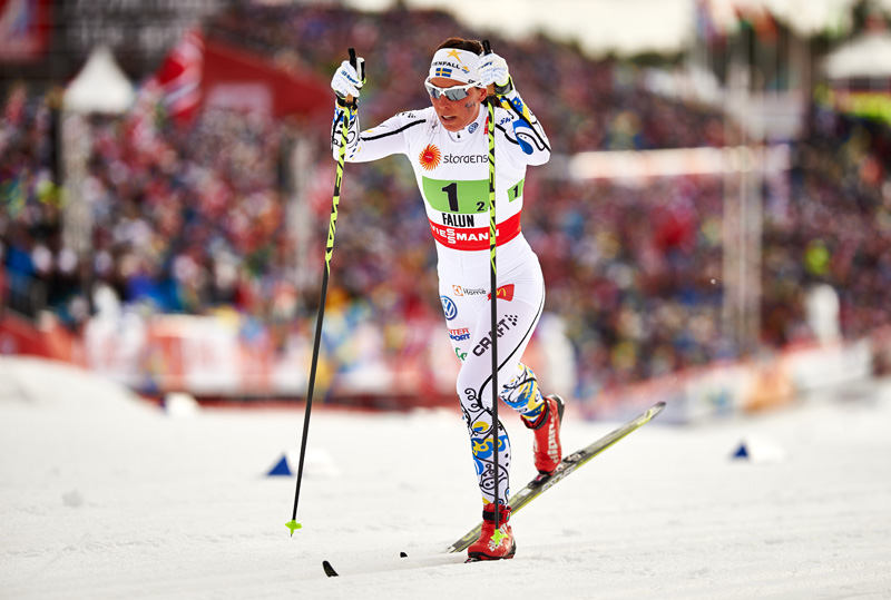 Charlotte Kalla, here racing in the relay at 2015 World Championships, took another big win in the Bruksvallarna FIS races on Saturday.