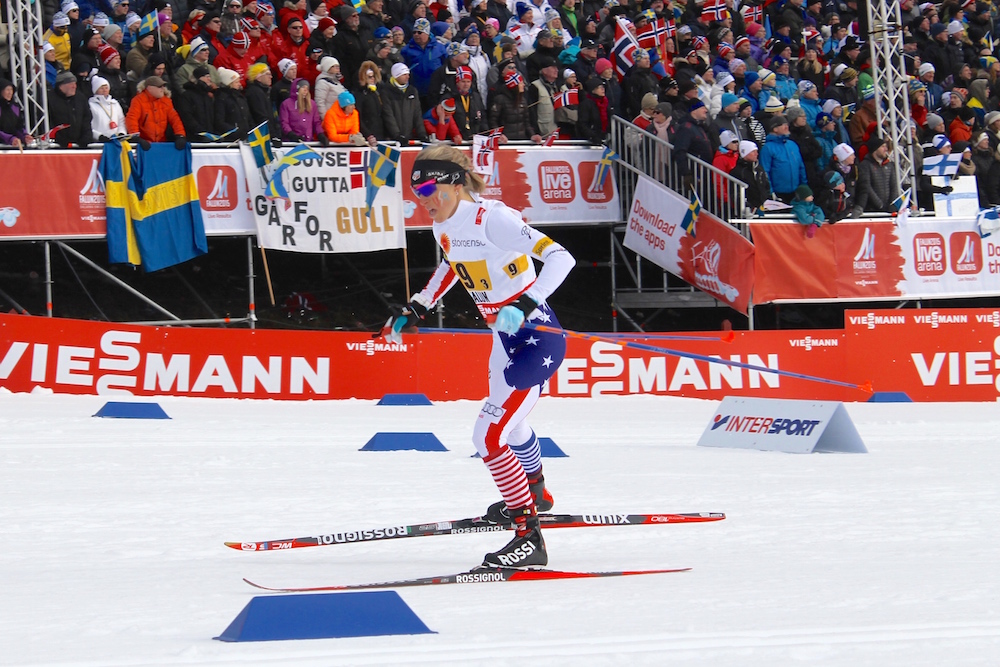 Liz Stephen (U.S. Ski Team) working her way through the stadium in Falun.