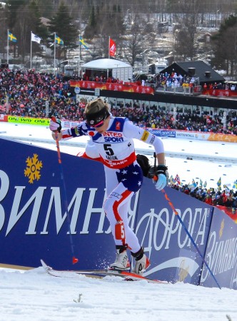 Liz Stephen attacks a climb in the 30 k classic at 2015 World Championships. 