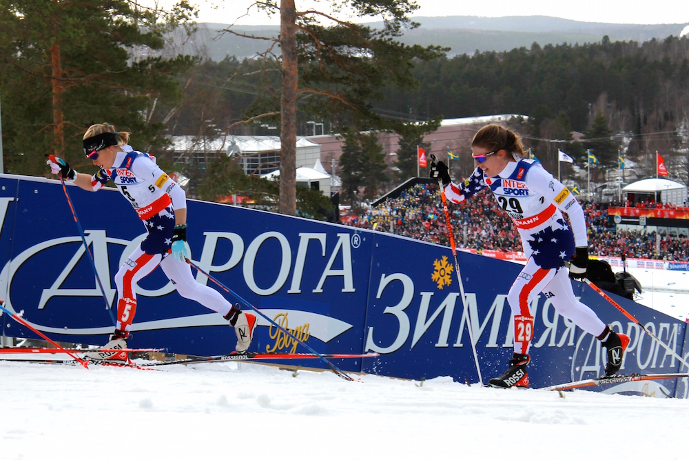 U.S. skiers Liz Stephen (left) and Rosie Brennan racing into the top 16 in the women's 30 k classic mass start at 2015 World Championships in Falun, Sweden.