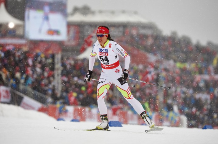 Canada's Emily Nishikawa (Alberta World Cup Academy/National Development Team) racing to 30th in Tuesday's 10 k freestyle for her best World Championships result at 2015 worlds in Falun, Sweden. Nishikawa led the Canadian women with the result and Perianne Jones placed 32nd. (Photo: Fischer/NordicFocus)