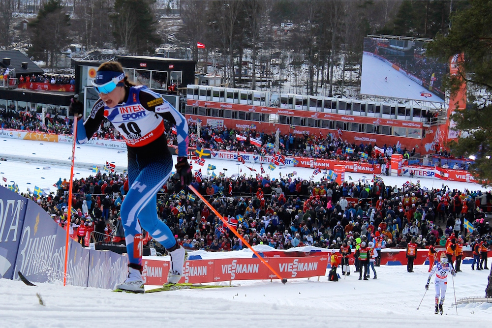 Kerttu Niskanen of Finland skiing to fourth place in the 30 k classic at 2015 World Championships.