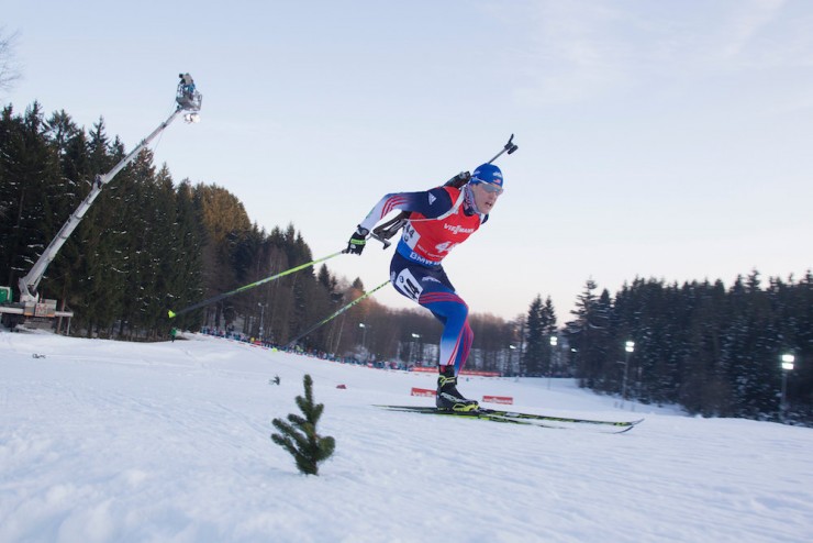 Leif Nordgren (US Biathlon) racing to a career-best World Cup result of 16th on Saturday in the men's IBU World Cup 10 k sprint in Nove Mesto, Czech Republic. (Photo: USBA/NordicFocus)