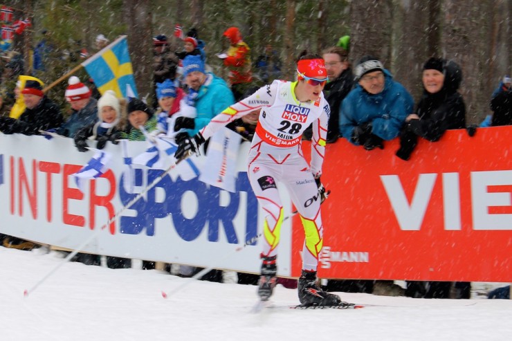 Canada's Olivia Bouffard-Nesbitt (Rocky Mountain Racers) racing to 52nd in Tuesday's 10 k freestyle, her debut race of 2015 World Championships in Falun, Sweden. 