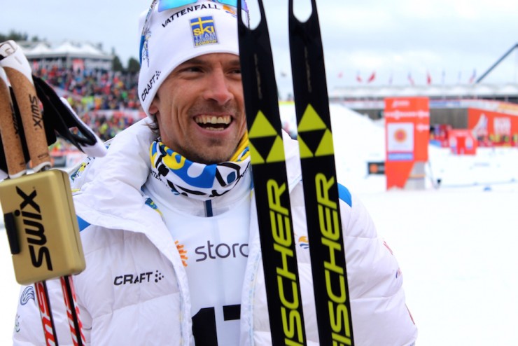 Johan Olsson of Sweden smiles after his win in the 10 k freestyle at the 2015 FIS Nordic World Ski Championships in Falun, Sweden. 