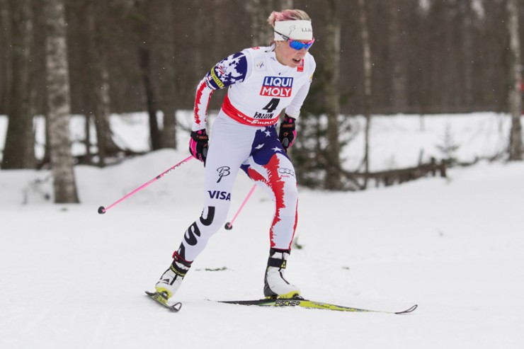 Kikkan Randall racing to 15th in the 10 k freestyle individual start at the 2015 FIS Nordic World Ski Championships in Falun, Sweden. (Photo: Fischer/Nordic Focus)  