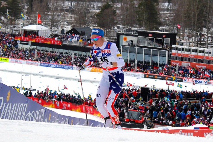 Sadie Bjornsen striding up one of Falun's tough climbs, 18 k into the 30 k classic mass start at 2015 FIS Nordic World Ski Championships. She finished her day in 20th. 