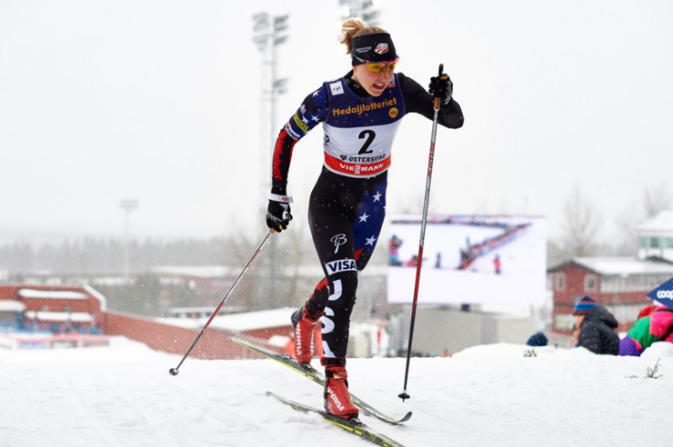 Ida Sargent of the U.S. Ski Team racing last season in a classic-sprint qualifier at the World Cup in Ostersund, Sweden. She placed 41st and did not make the heats. (Photo: Fischer/NordicFocus)