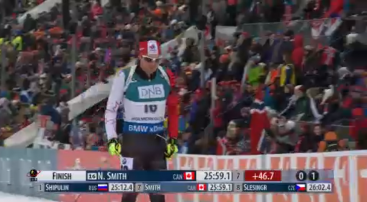Nathan Smith (Biathlon Canada) crossed the line in seventh as an early starter and ended up 22nd in Saturday's IBU World Cup 10 k sprint in Oslo, Norway. 