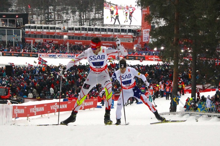Lenny Valjas of Canada leads Simi Hamilton of the United States on the last lap of the men's 4 x 10 k relay at World Championships in Falun, Sweden.