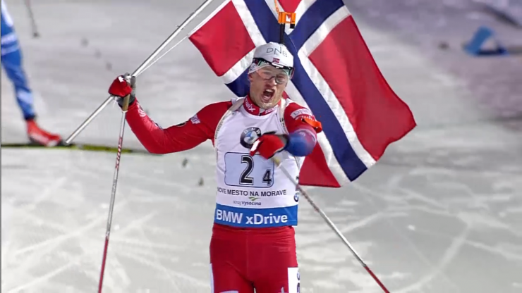 An exhausted Tarjei Bø (2) celebrates his win for Norway in the 2 x 6 + 2 x 7.5 k mixed relay on Friday at the IBU World Cup in Nove Mesto, Czech Republic. He held off Ondrej Moravec of the Czech Republic by four seconds.