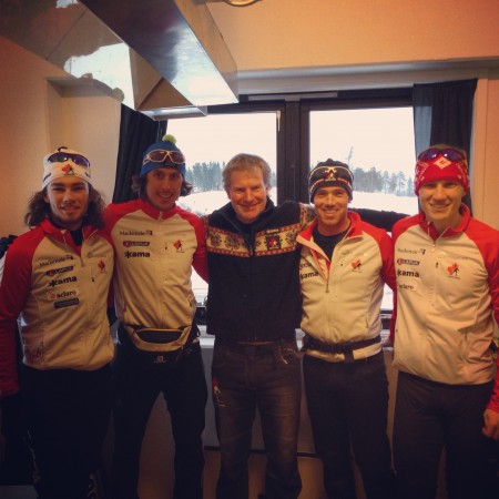The Canadian men's relay team of Christian Gow and Brendan Green (left) and Nathan Smith and Scott Gow (right) poses with head coach Matthias Ahrens in Oslo after placing fifth in the 4 x 7.5 k competition. (Photo: Rosanna Crawford)