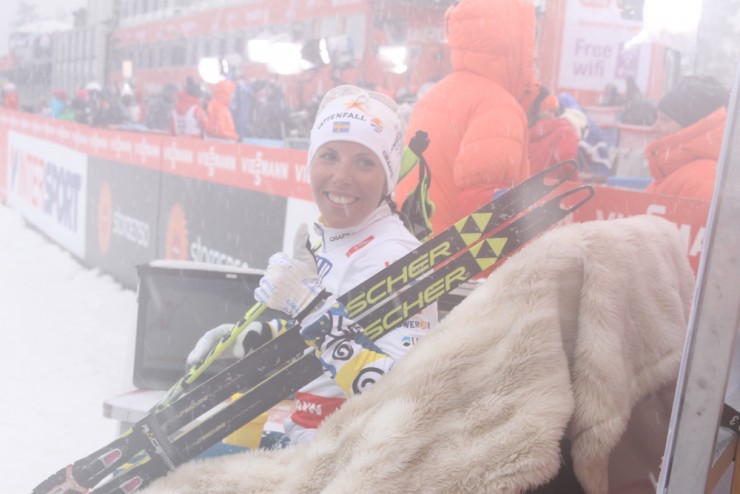Sweden's Charlotte Kalla in the leader's chair after essentially securing her first individual gold at a World Championships in the 10 k freestyle at 2015 worlds in Falun, Sweden. 