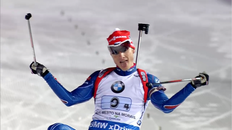 Czech Ondrej Moravec mocks Russia's Alexey Volkov's finish-line celebration after Moravec finished second in Friday's mixed relay. Earlier that afternoon, Volkov anchored Russia to the single mixed relay win. 