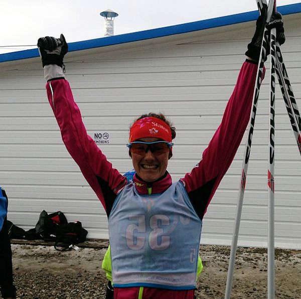 Canada's Olivia Bouffard-Nesbitt (Rocky Mountain Racers) celebrates after finishing 12th in the 15 k skiathlon at Under-23 World Championships in Almaty, Kazakhstan. (Photo: Lisa Patterson/CCC)
