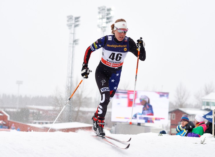Rosie Brennan racing to 33rd overall in Saturday's World Cup classic sprint Östersund, Sweden. She placed 32nd in Sunday's 10-kilometer freestyle individual start. (Photo: Fischer/Nordic Focus)  