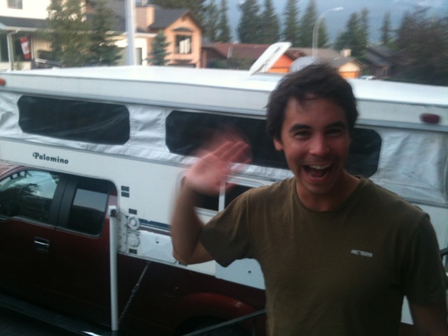 Jess Cockney on his mom's front step with her truck behind him this past summer in Canmore, Alberta. (Courtesy photo)
