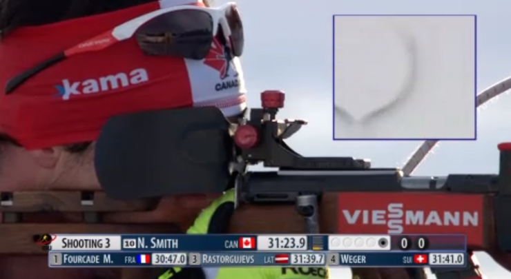 Nathan Smith (Biathlon Canada) en route to cleaning three-straight stages in Thursday's 20 k individual at the IBU World Cup in Oslo, Norway. He went on to miss his third shot in his last standing to place 12th. 