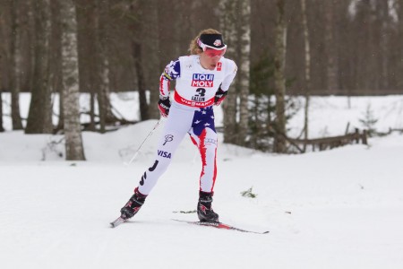 Caitlin Gregg racing to bronze in the 10 k freestyle at 2015 World Championships in Falun, Sweden. Gregg placed 19th in Sunday's 30 k freestyle mass start in Holmenkollen, Norway. (Photo: Madshus/NordicFocus)