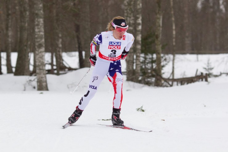 Caitlin Gregg (Team Gregg/Madshus) racing to bronze on Tuesday in the 10 k freestyle at 2015 World Championships in Falun, Sweden. Gregg finished third behind Swedish winner Charlotte Kalla and fellow American Jessie Diggins, who was second. (Photo: Madshus/NordicFocus)