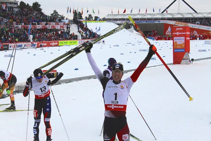 American Bryan Fletcher (l) after finishing fifth to Austria's Bernhard Gruber (1) in the individual large hill/10 k at 2015 World Championships in Falun, Sweden. It was Fletcher's World Championships career best and a season best as well.