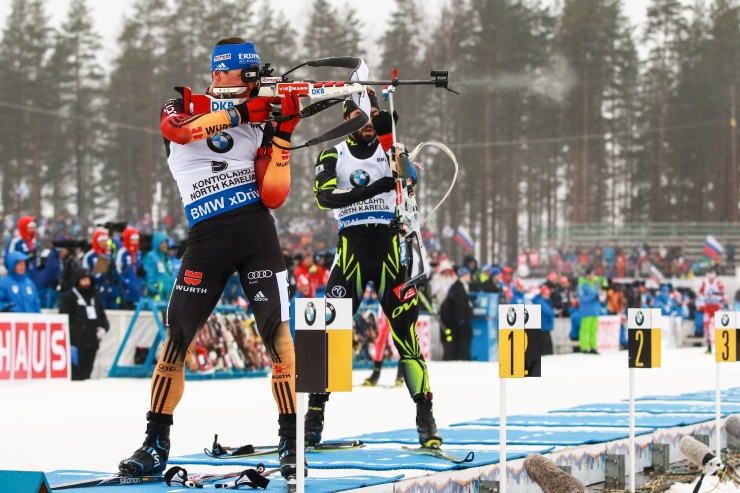 Erik Lesser of Germany (5) was the only biathlete in Sunday's 12.5 k pursuit to clean all four shooting stages. His win was the first of his career. (Photo: Kontiolahden Urheilijat / Jarno Artika)
