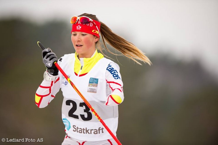Brittany Hudak (Canadian Para-Nordic Ski Team) at 2015 IPC World Cup Finals in Surnadal, Norway. Hudak took silver in Saturday's 5 k cross-country sitting to clinch the 2014/2015 World Cup Overall Cross-Country title. (Photo: IPC Nordic Skiing/Facebook)