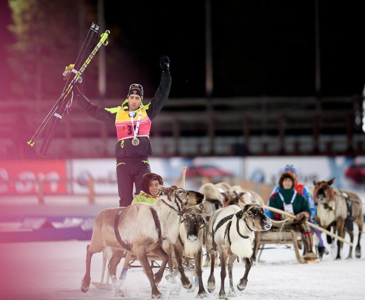Overall World Cup leader and Thursday's 10 k sprint winner, Martin Fourcade of France enjoys his reindeer-drawn victory lap in Khanty Mansiysk, Russia. (Photo: IBU/Evgeny Tumashov)