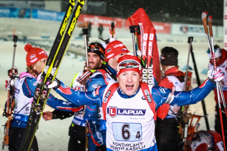 Ondrej Moravec celebrates a sizable win for the Czech Republic in Thursday's mixed relay at 2015 IBU World Championships in Kontiolahti, Finland.  (Photo: Kontiolahden Urheilijat/Jarno Artika)