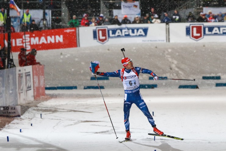 Ondrej Moravec celebrates a sizable win for the Czech Republic in Thursday's mixed relay at 2015 IBU World Championships in Kontiolahti, Finland.  (Photo: Kontiolahden Urheilijat/Jarno Artika)