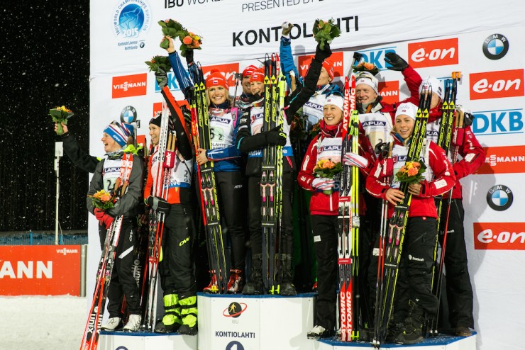 The 2 x 6 + 2 x 7.5 k mixed relay at 2015 IBU World Championships in Kontiolahti, Finland, with the Czech Republic gold medalists (c), France (l) in second, and Norway (r) in third. (Photo: Kontiolahden Urheilijat/Jarno Artika)